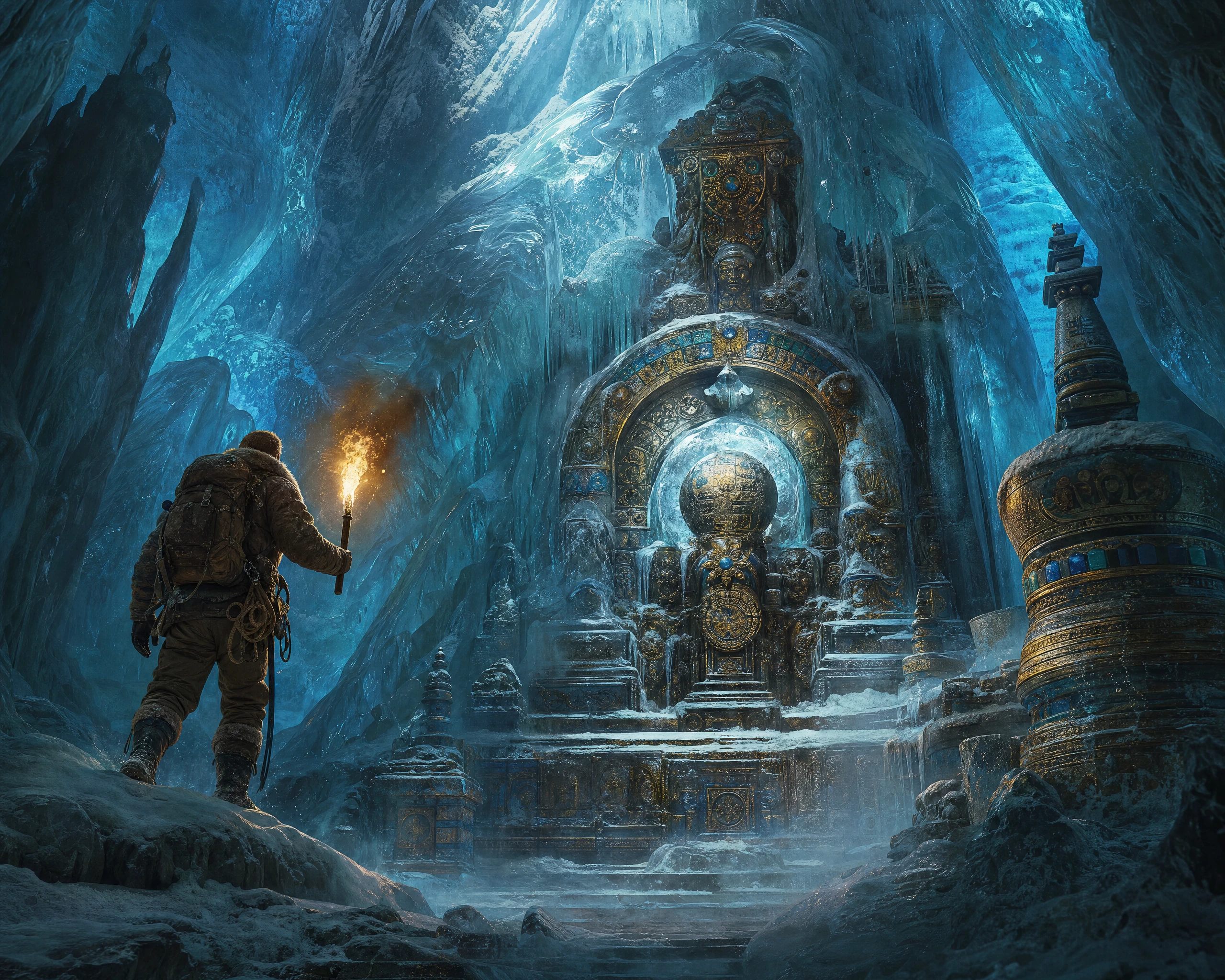 Explorer with torch in a vast Himalayan ice cave