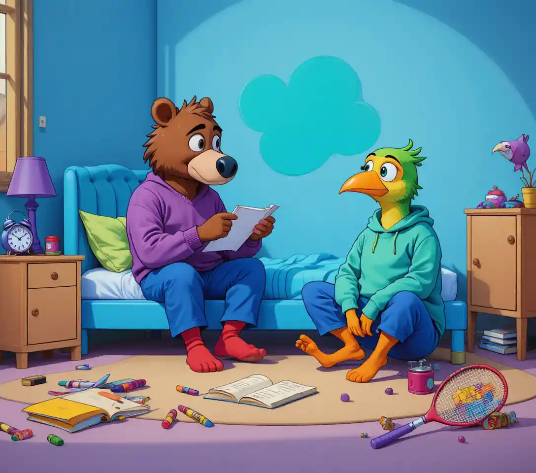 Cartoon bear and bird talking on a colorful bedroom bed