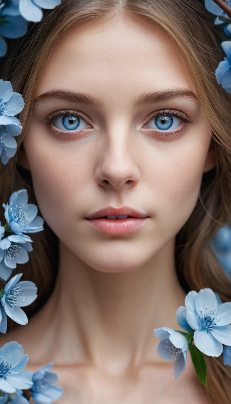 Primo piano di una giovane donna dagli occhi azzurri con fiori