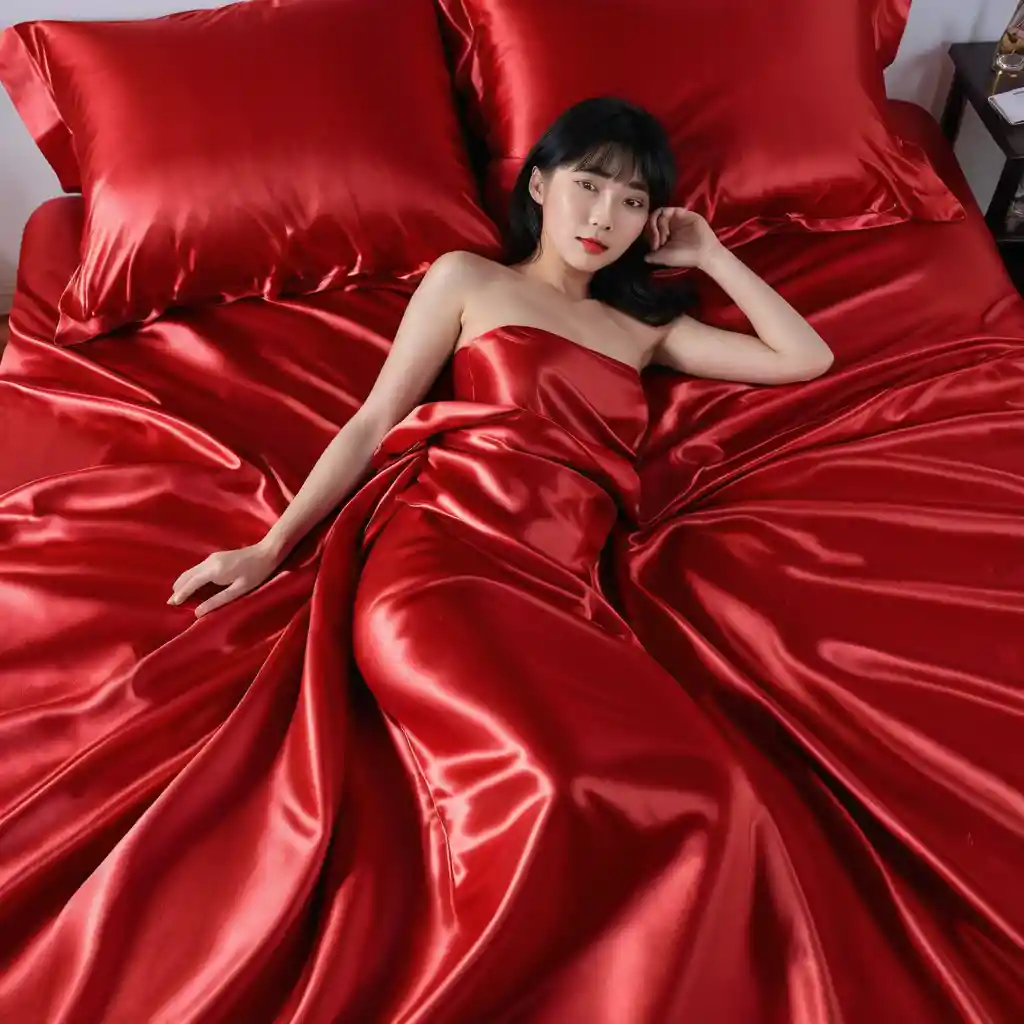 Korean woman lying on red satin sheets looking at camera