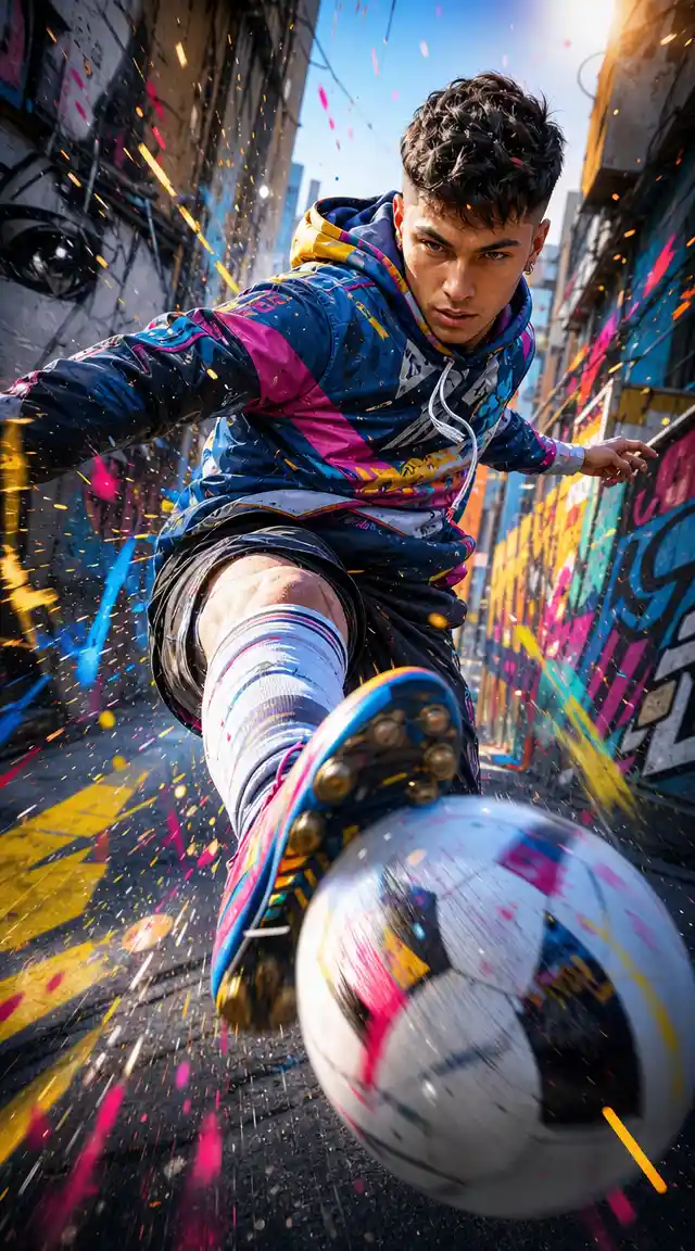 Dynamic soccer player kicking toward camera in urban alley