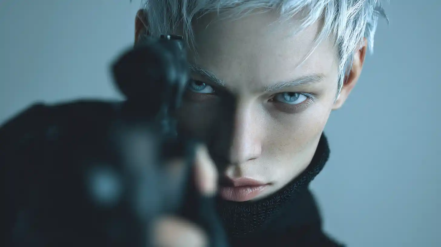 Futuristic female sniper portrait in cyberpunk city studio