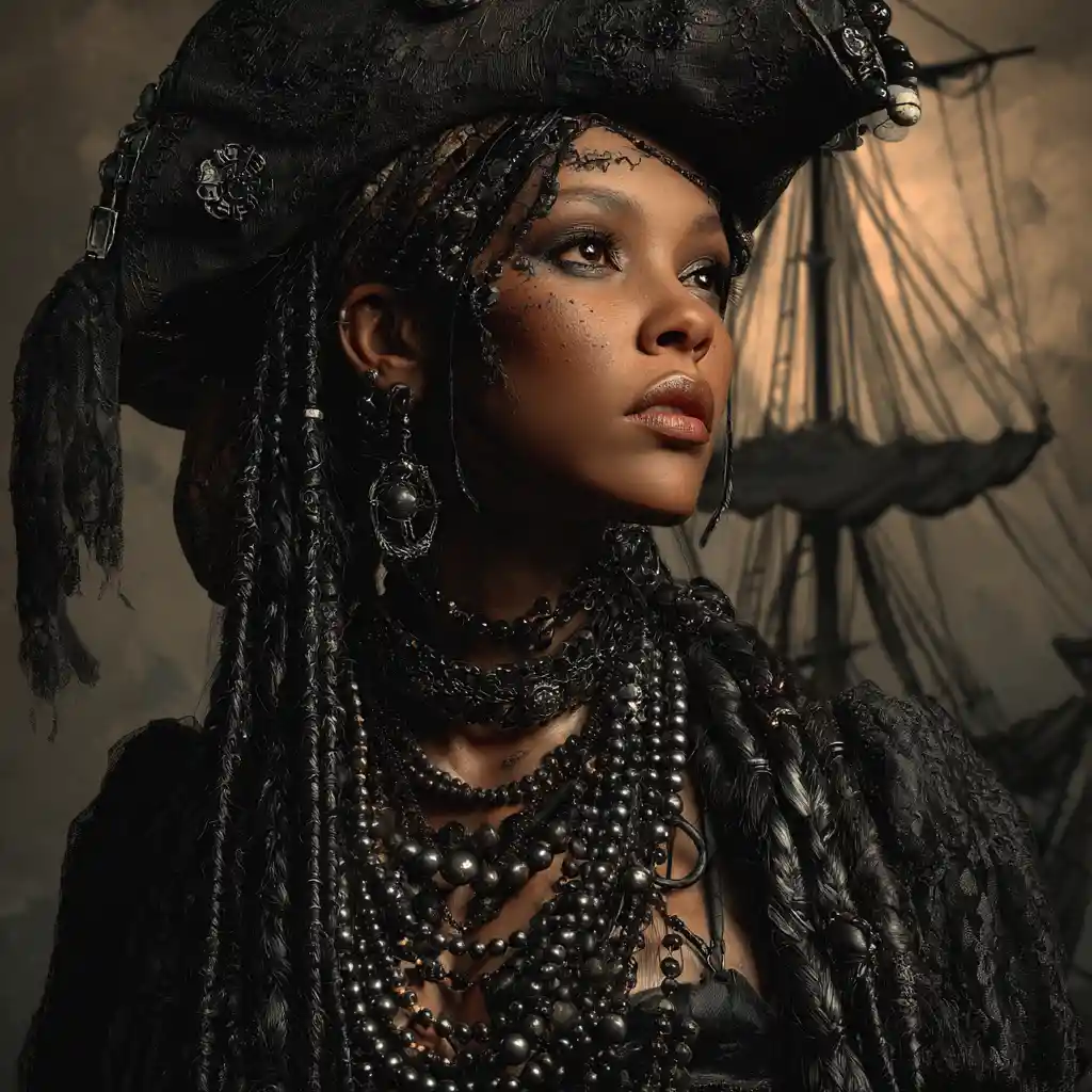 Goth steampunk pirate woman on a haunted black airship