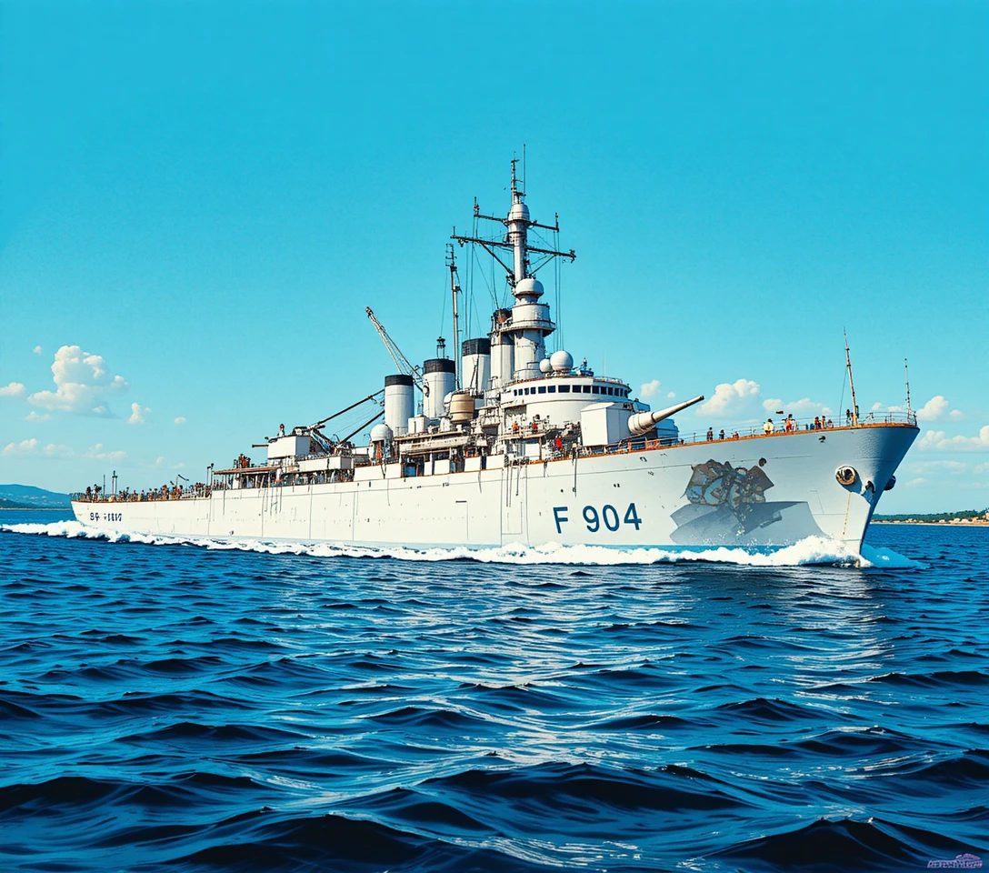 White warship marked F 904 sailing on calm blue water