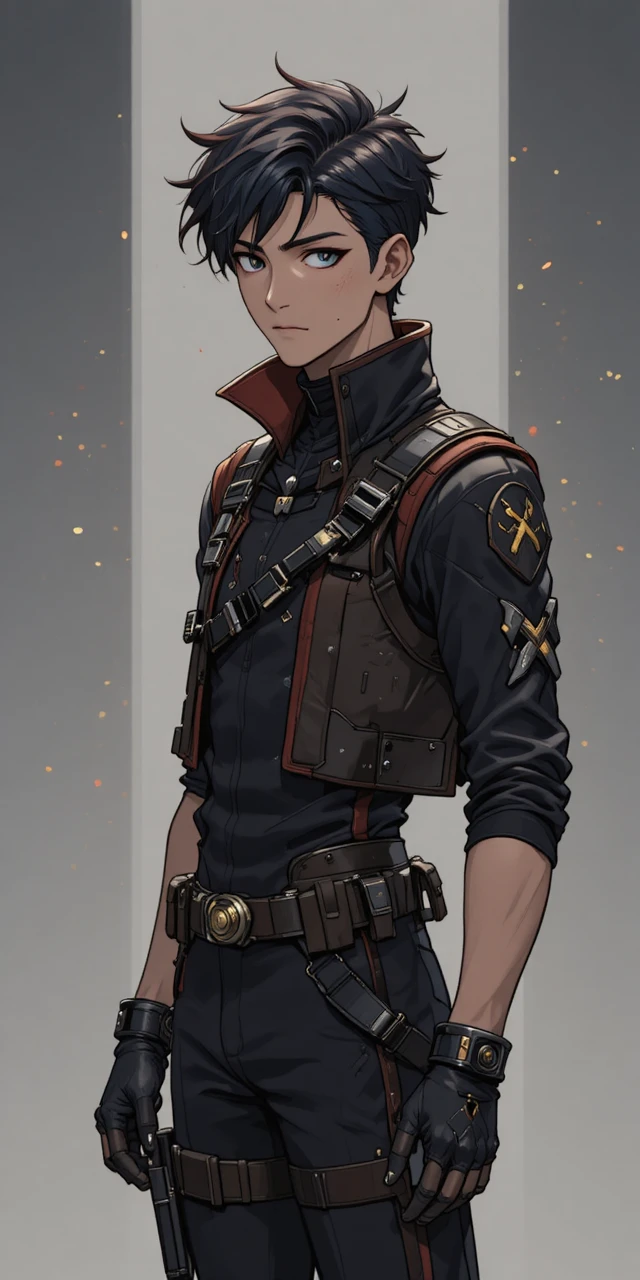 Clever young anime rogue with dark outfit and explosives