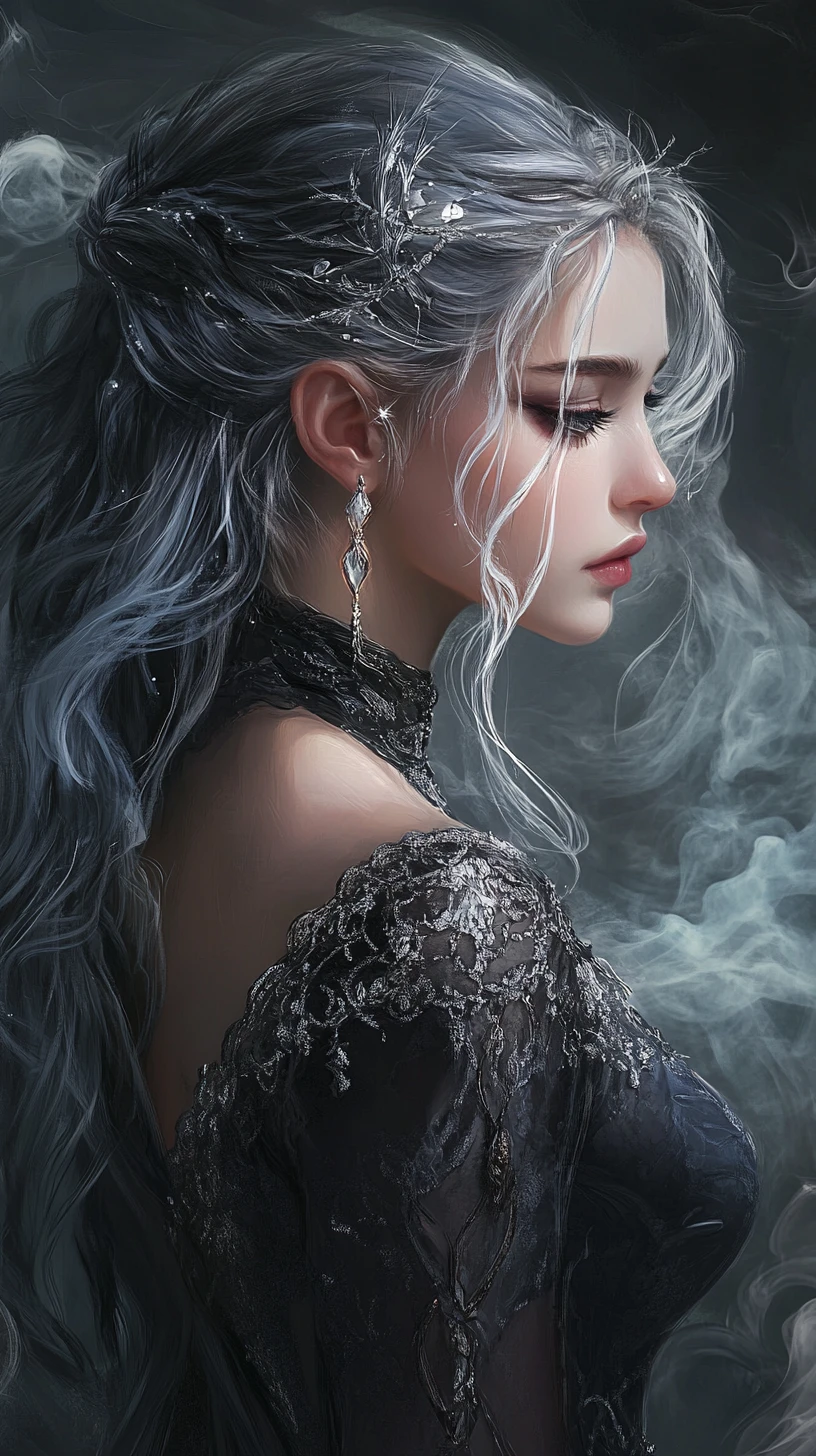 Ethereal silver haired fantasy woman in drifting mist