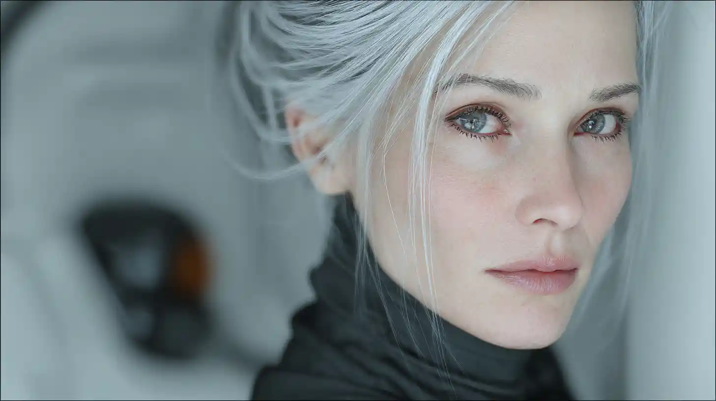 Cinematic portrait of armored sci fi woman in spaceship