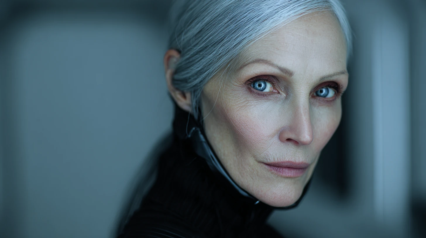 Futuristic admiral woman in cyber suit aboard alien spaceship