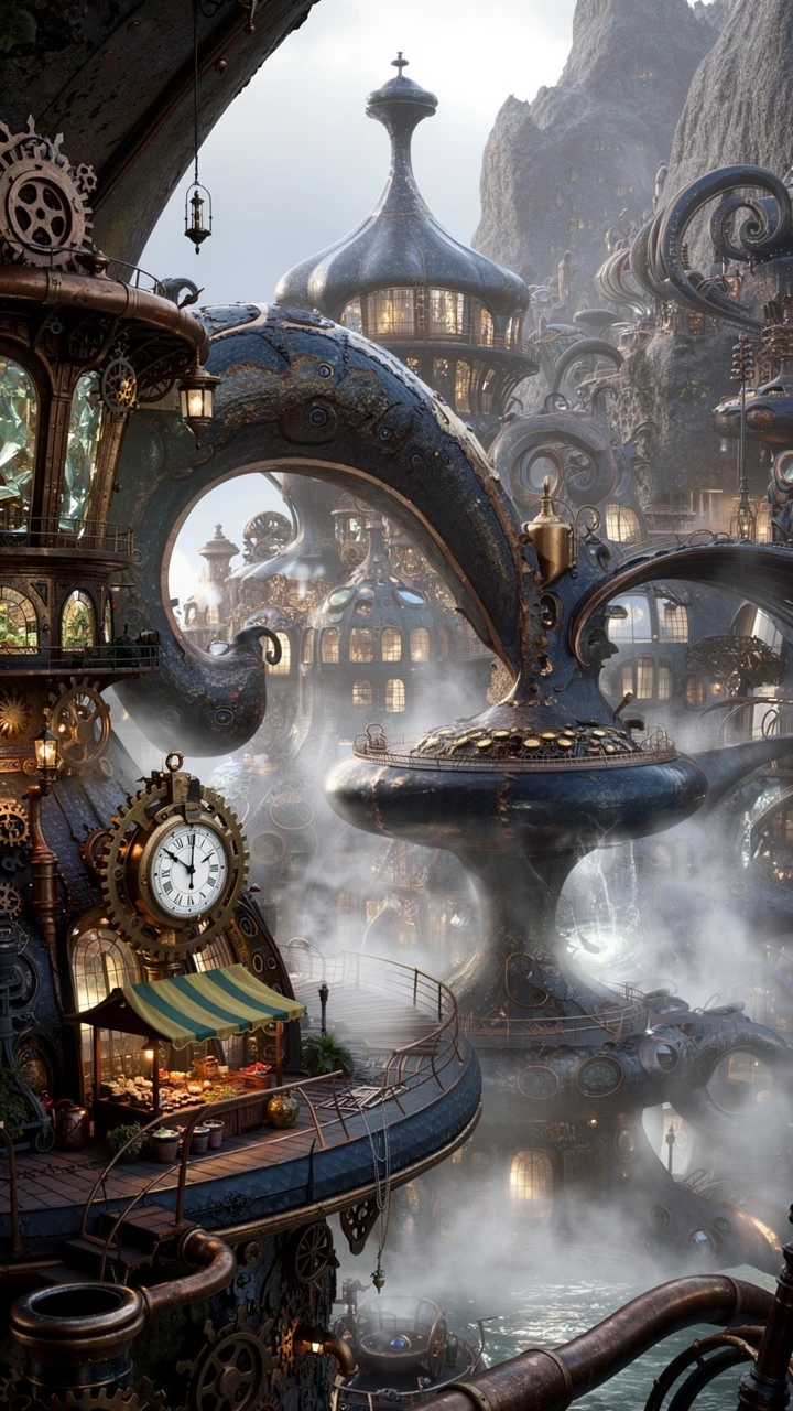 Fantasy Steampunk Village Of Organic Metal Architecture