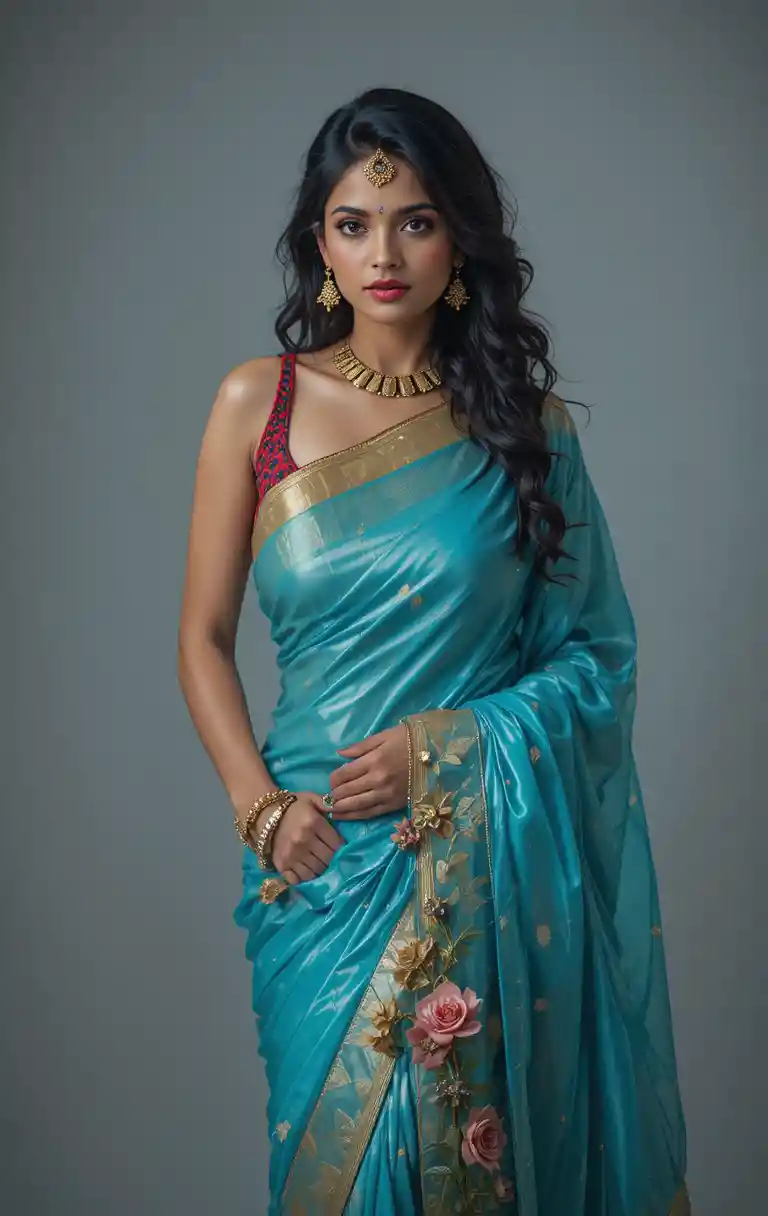 Tamil woman in modern saree with exposed midriff pose