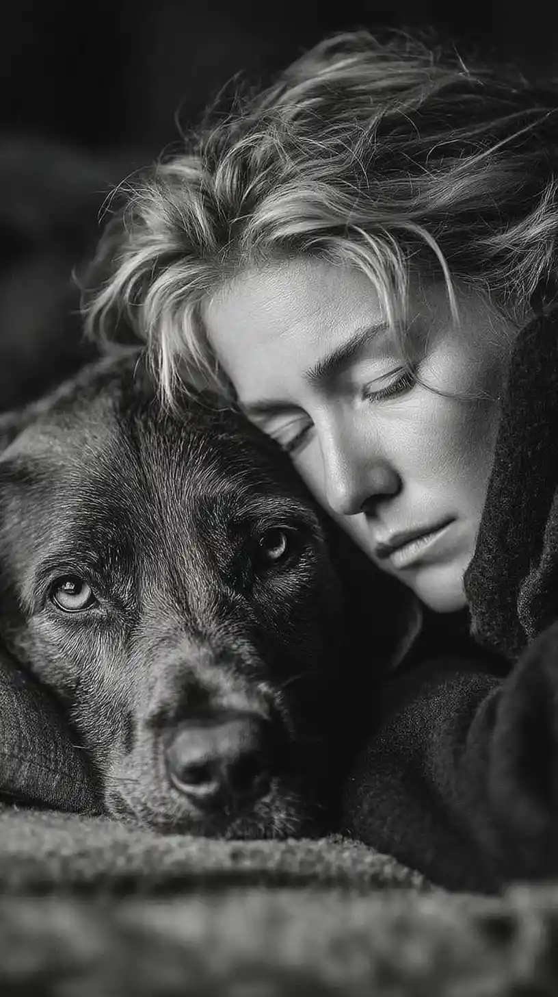 Donna sdraiata sul pavimento accanto al suo cane malato che si fida di lei