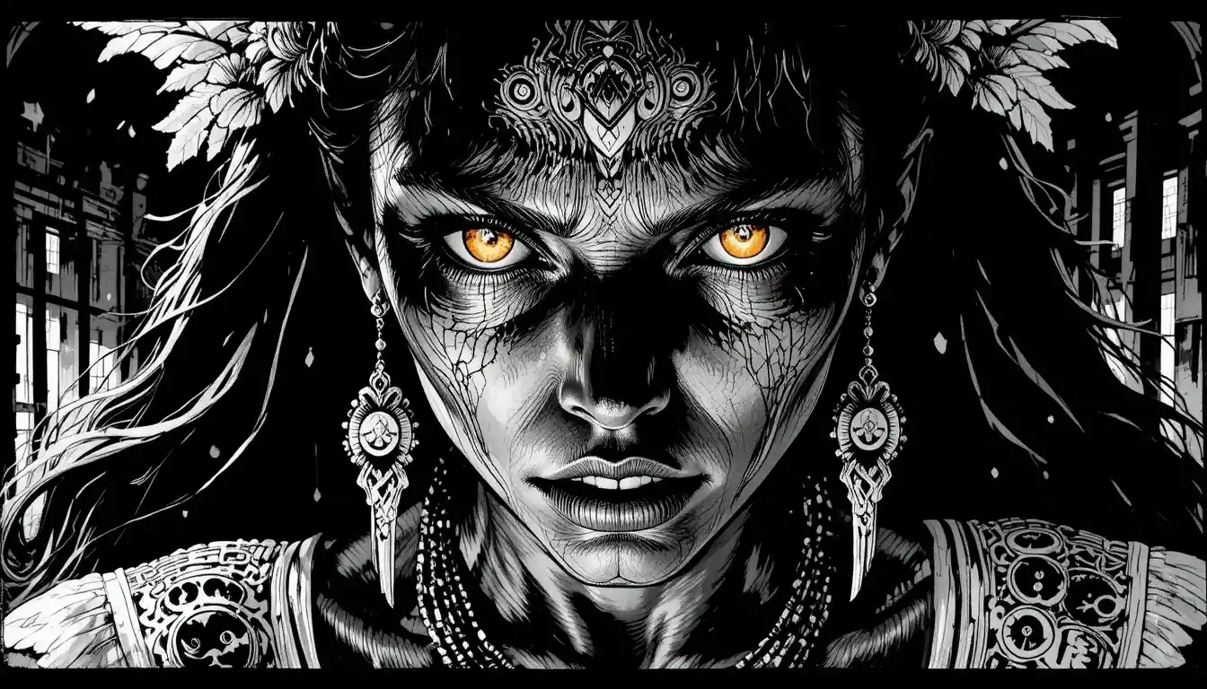 Surreal woman transforming with glowing eyes in stark shadow