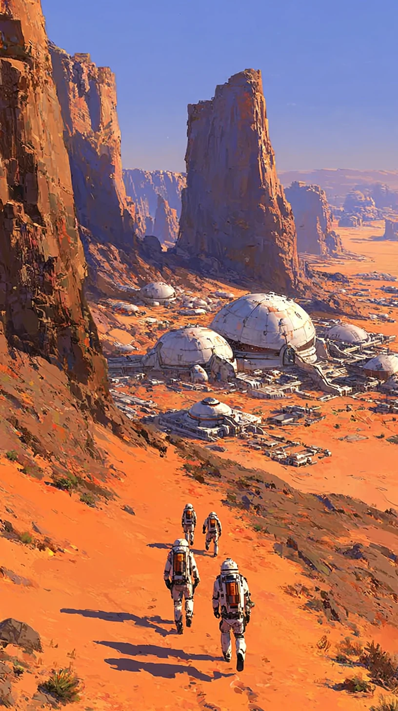 Astronauts Approaching Futuristic Mars Settlement At Sunrise