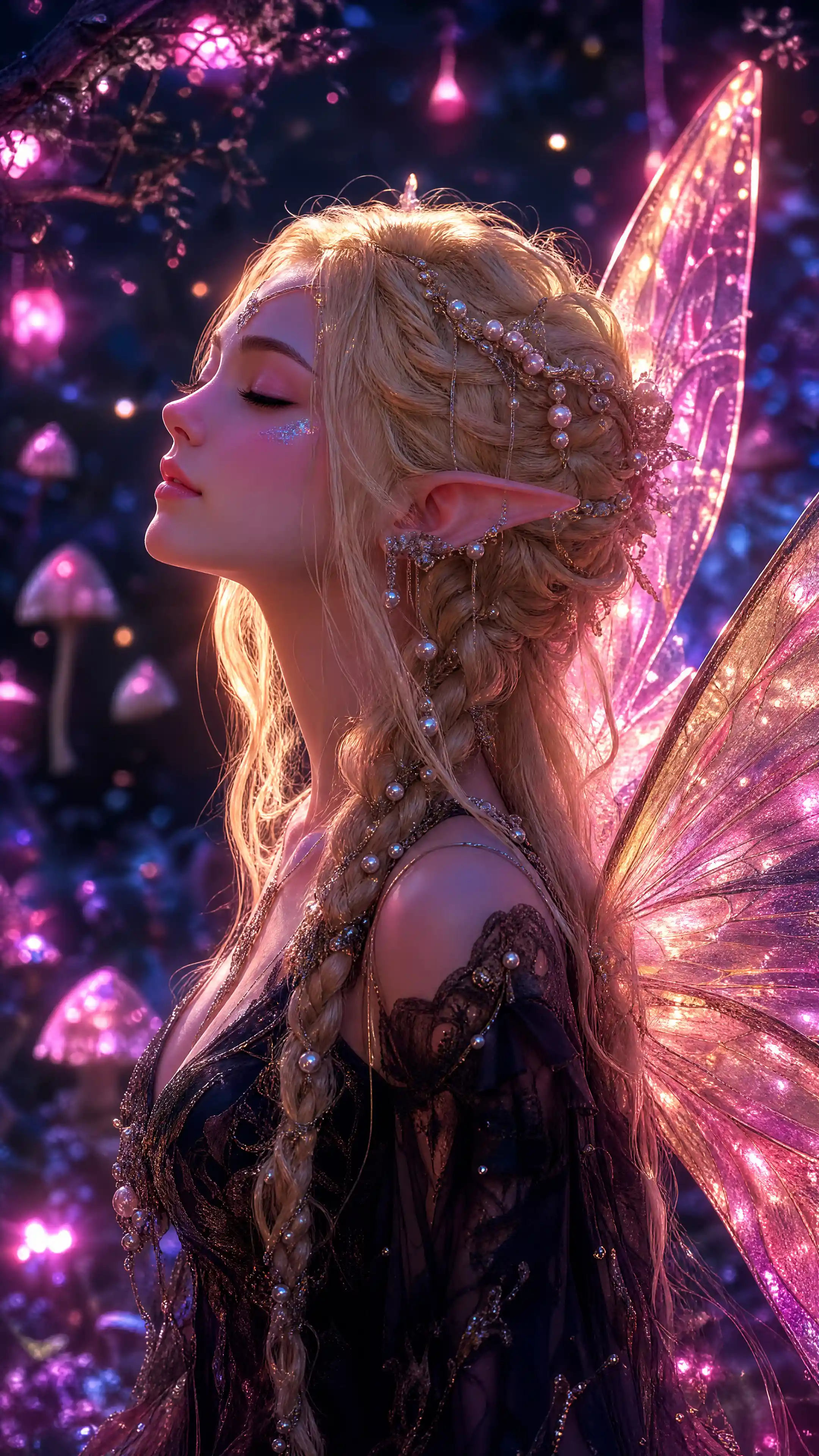 Ethereal fairy girl in a glowing mystical forest