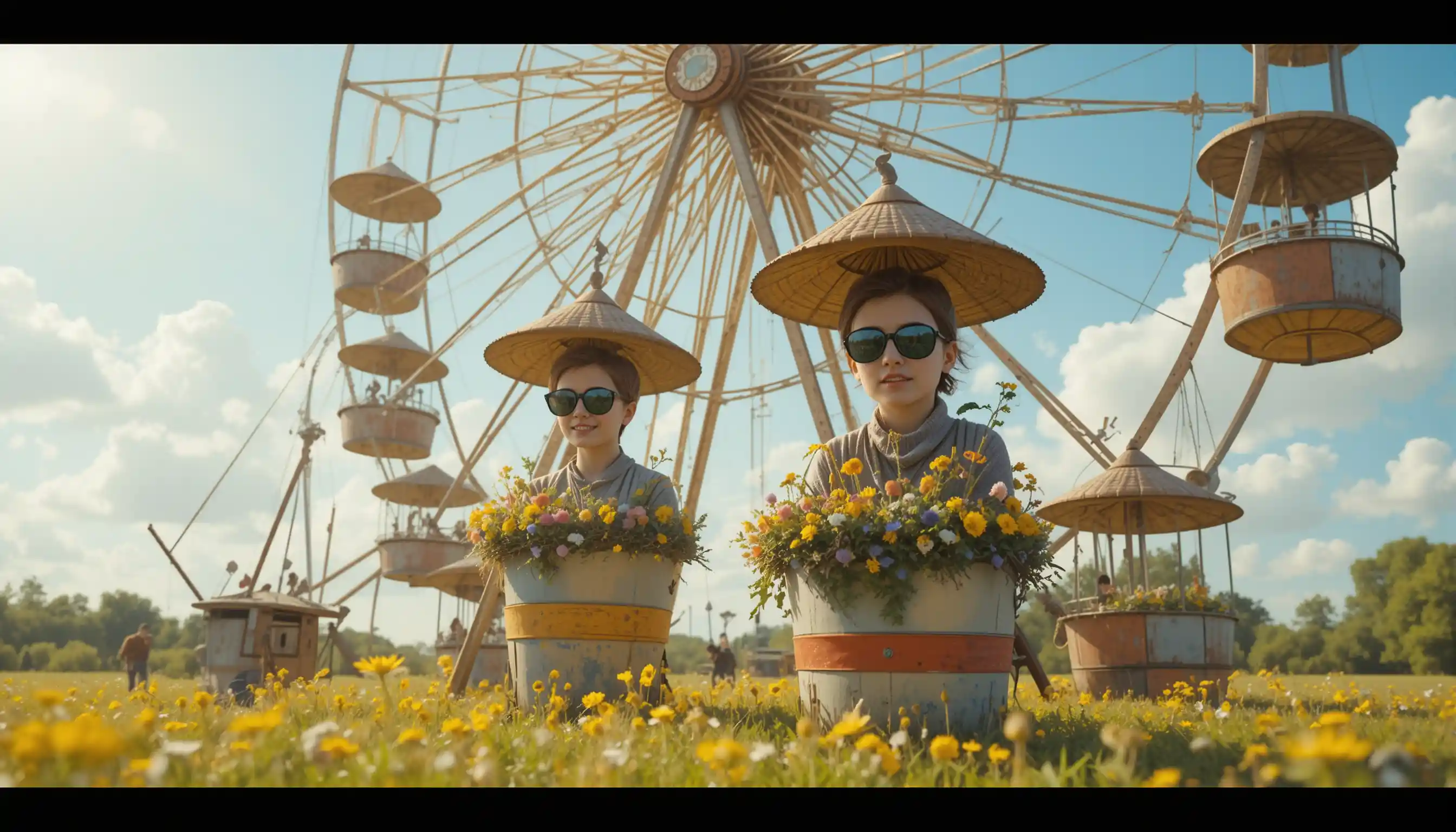 Giant ferris wheel of recycled objects in a sunlit meadow