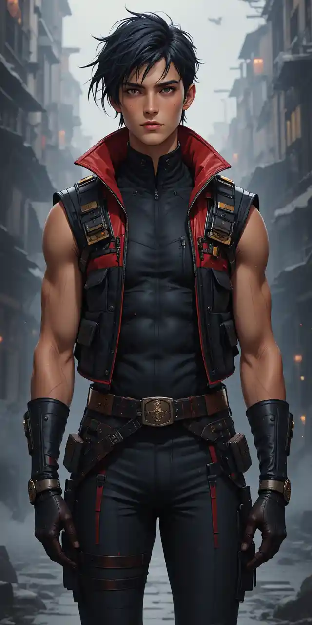 Clever young rogue anime man with scar and dark outfit