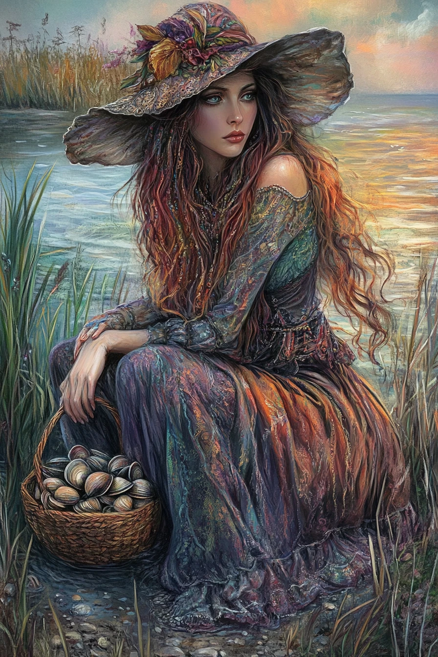 Fantasy woman kneeling by a dark lakeside with clams