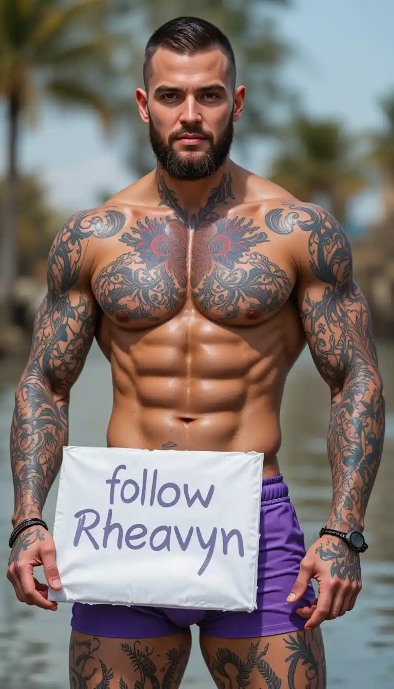 Tattooed man in purple swim trunks holding message sign