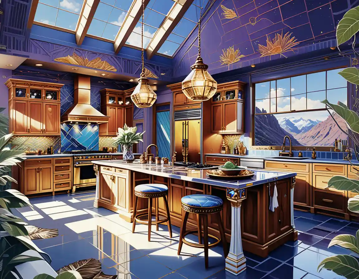 Colorful boho fantasy kitchen with skylights and crystals