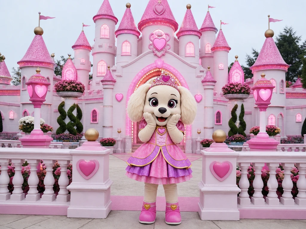 Dog mascot princess standing at a colorful fantasy castle