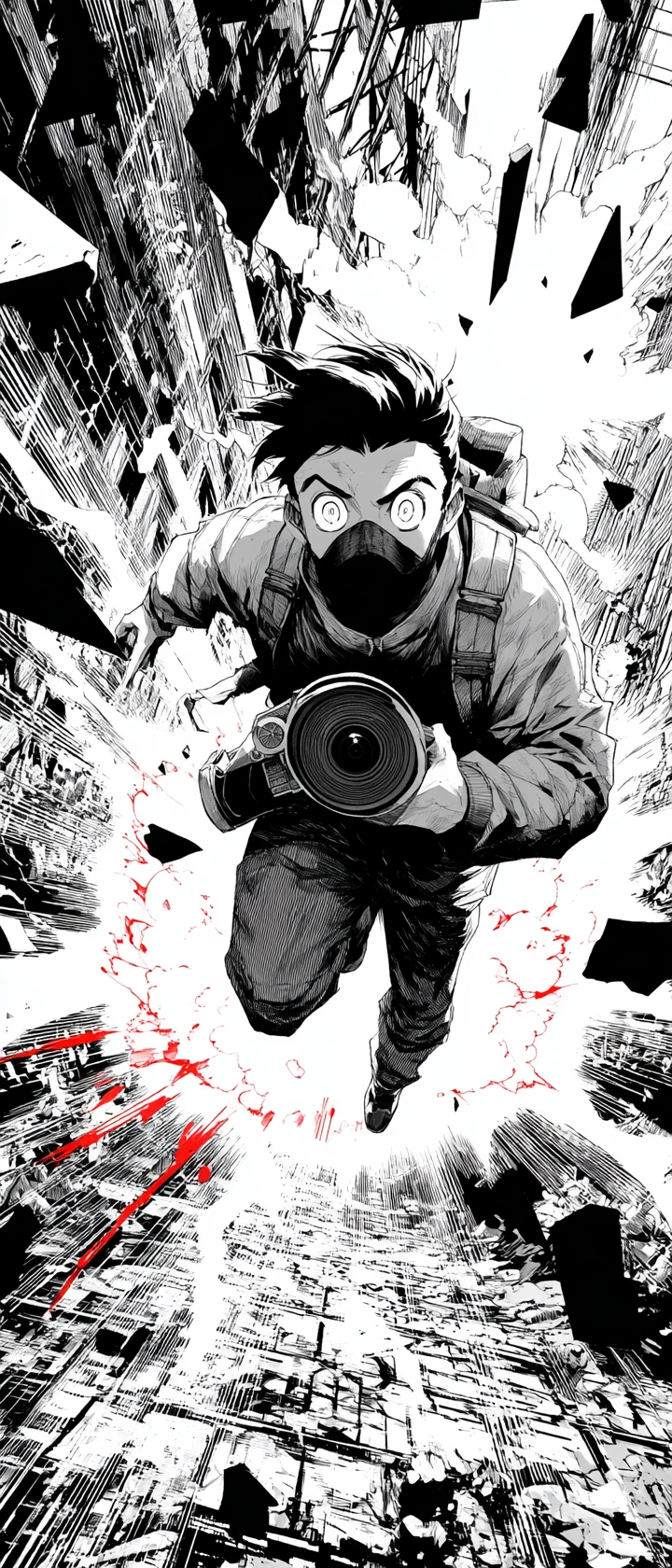 War journalist sprinting through collapsing urban war zone