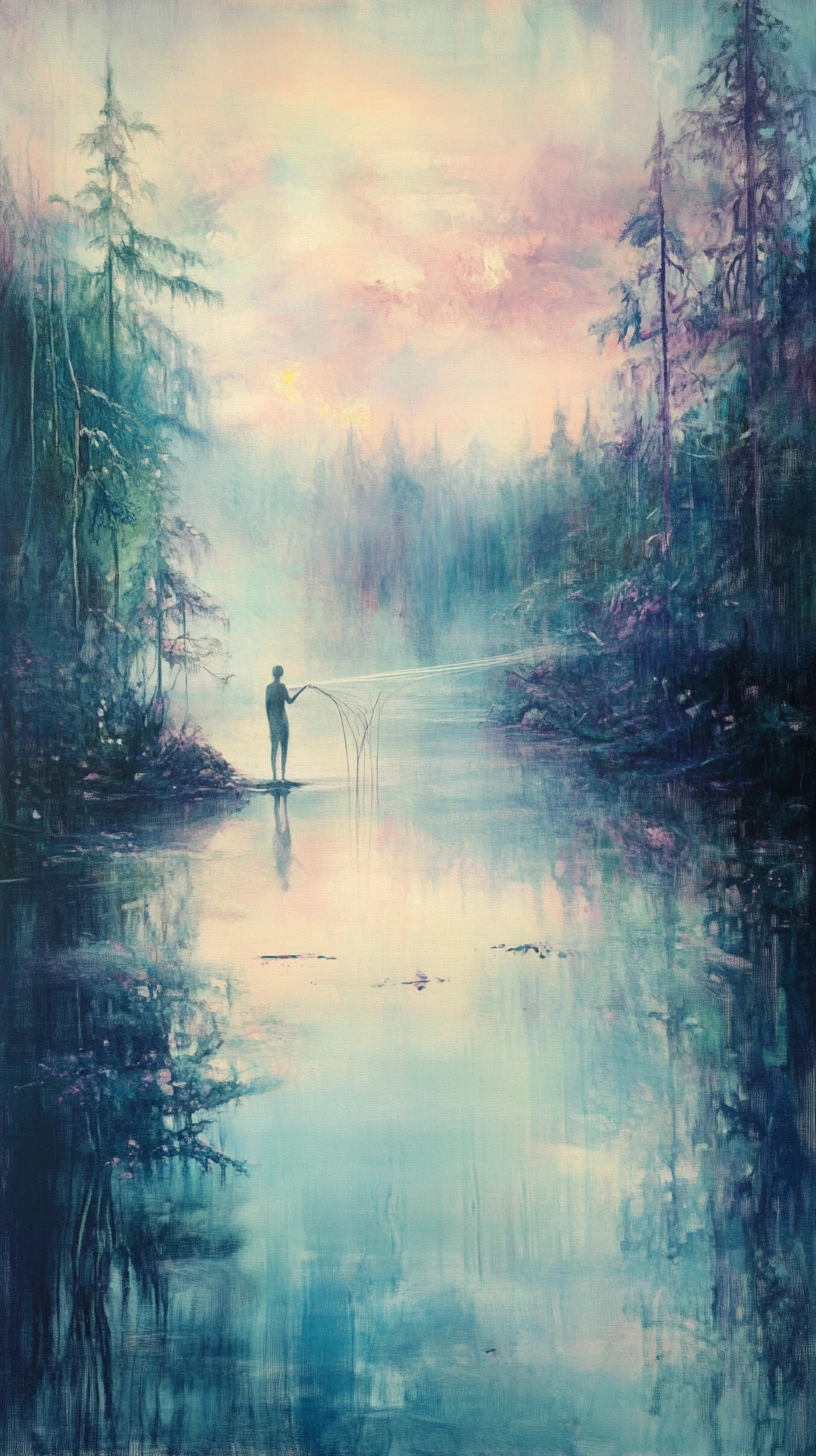 Serene Figure Beside Lake With Floating Canopy Reflection