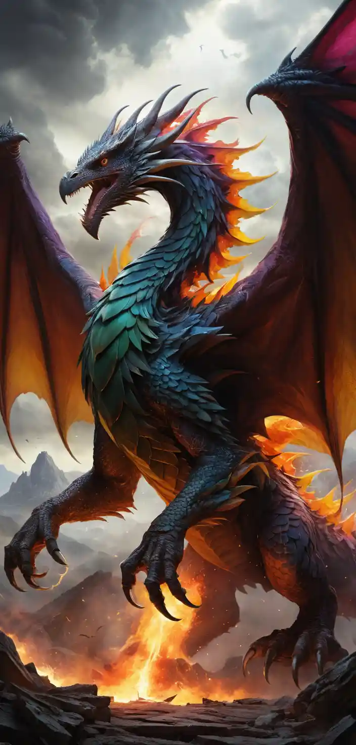 Surreal dragon battle swirling beneath a storm filled sky