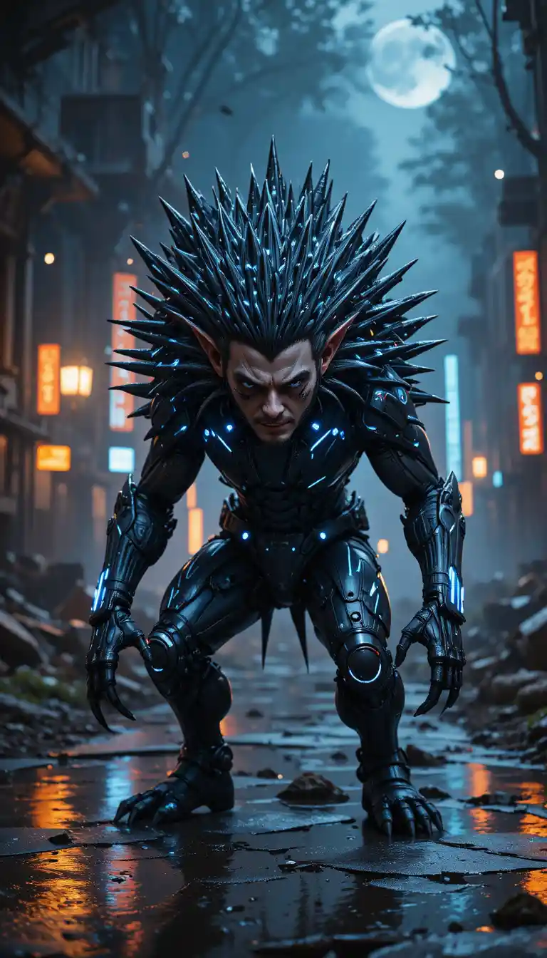 Cyberpunk humanoid hedgehog warrior in a dark forest