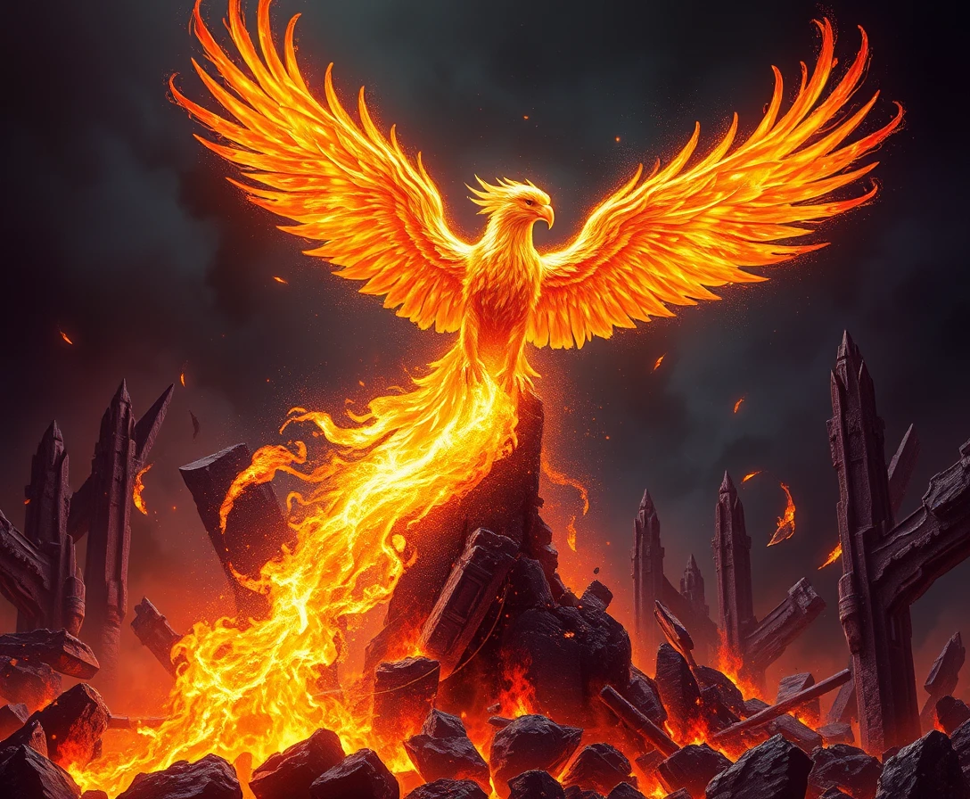 Fiery Phoenix Rising Above A Shattered Obsidian City