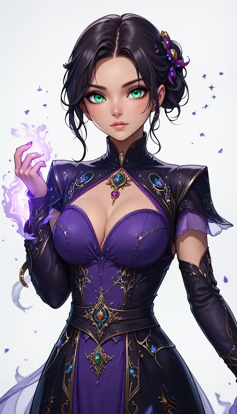 Anime sorceress with emerald eyes and glowing magical aura