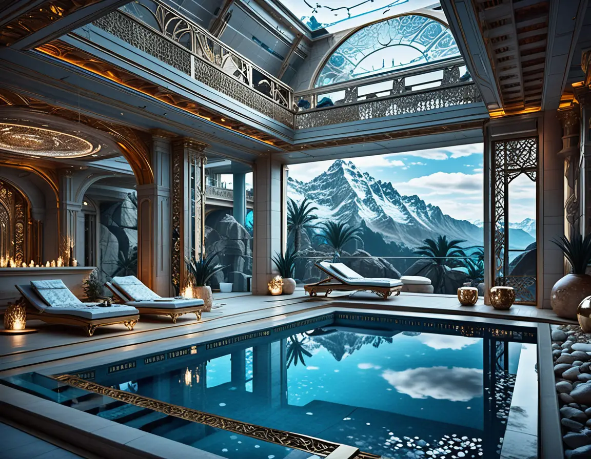 Luxury penthouse infinity pool above rocky mountain landscape