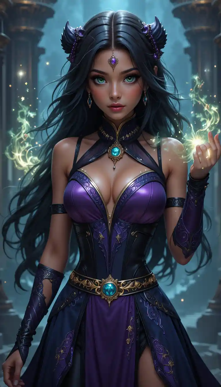 Young emerald eyed witch with glowing magical aura