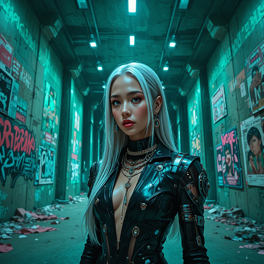 Retrato de moda cyberpunk en una terminal de transporte abandonada