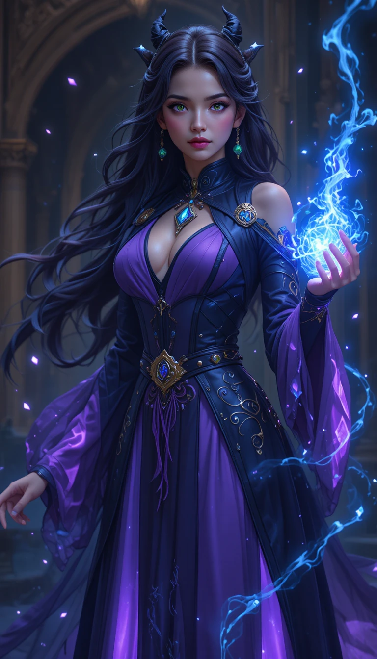 Elegant anime sorceress with emerald eyes and magic runes