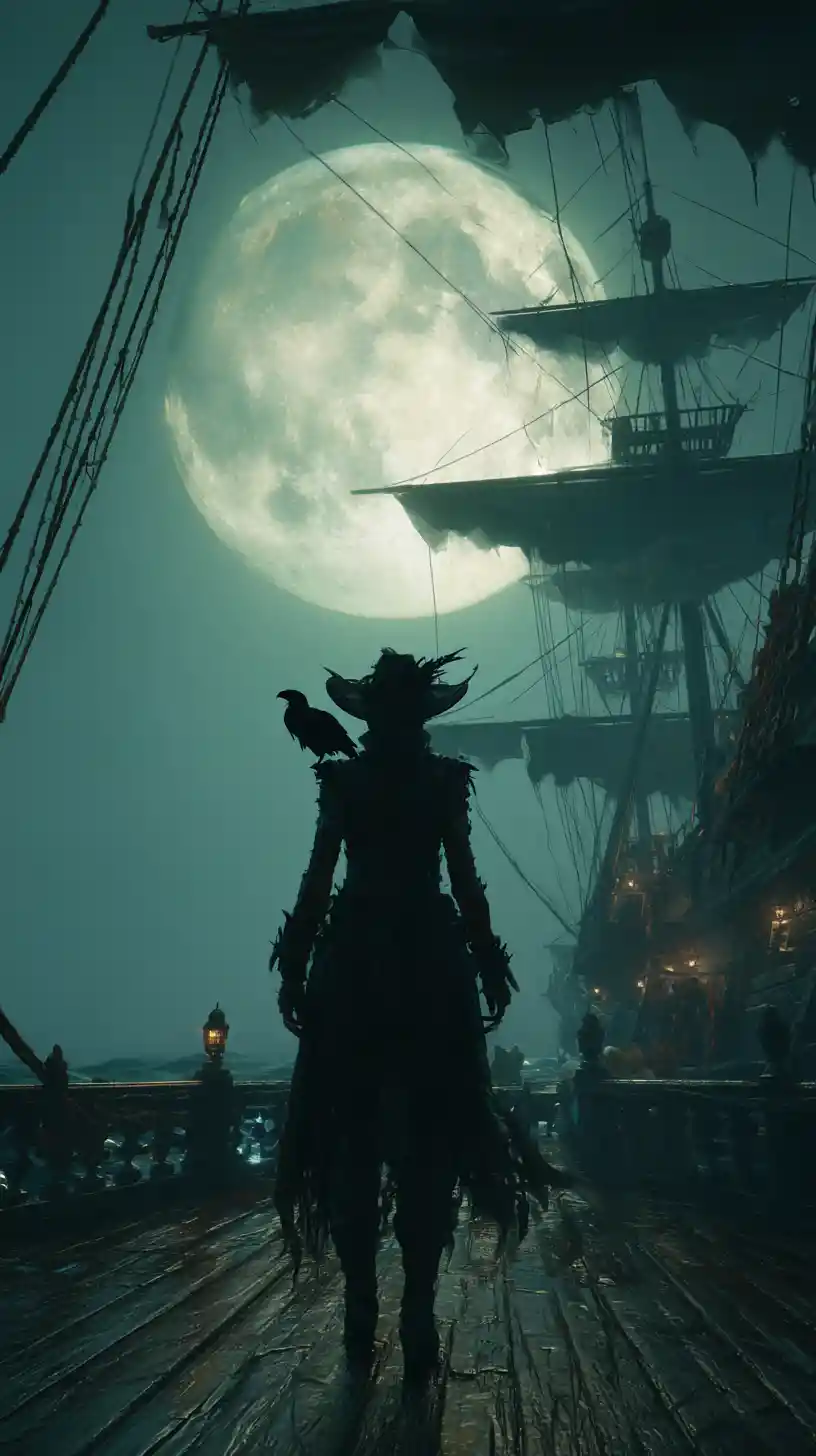 Undead Pirate Captain On Ghost Ship Under Full Moon