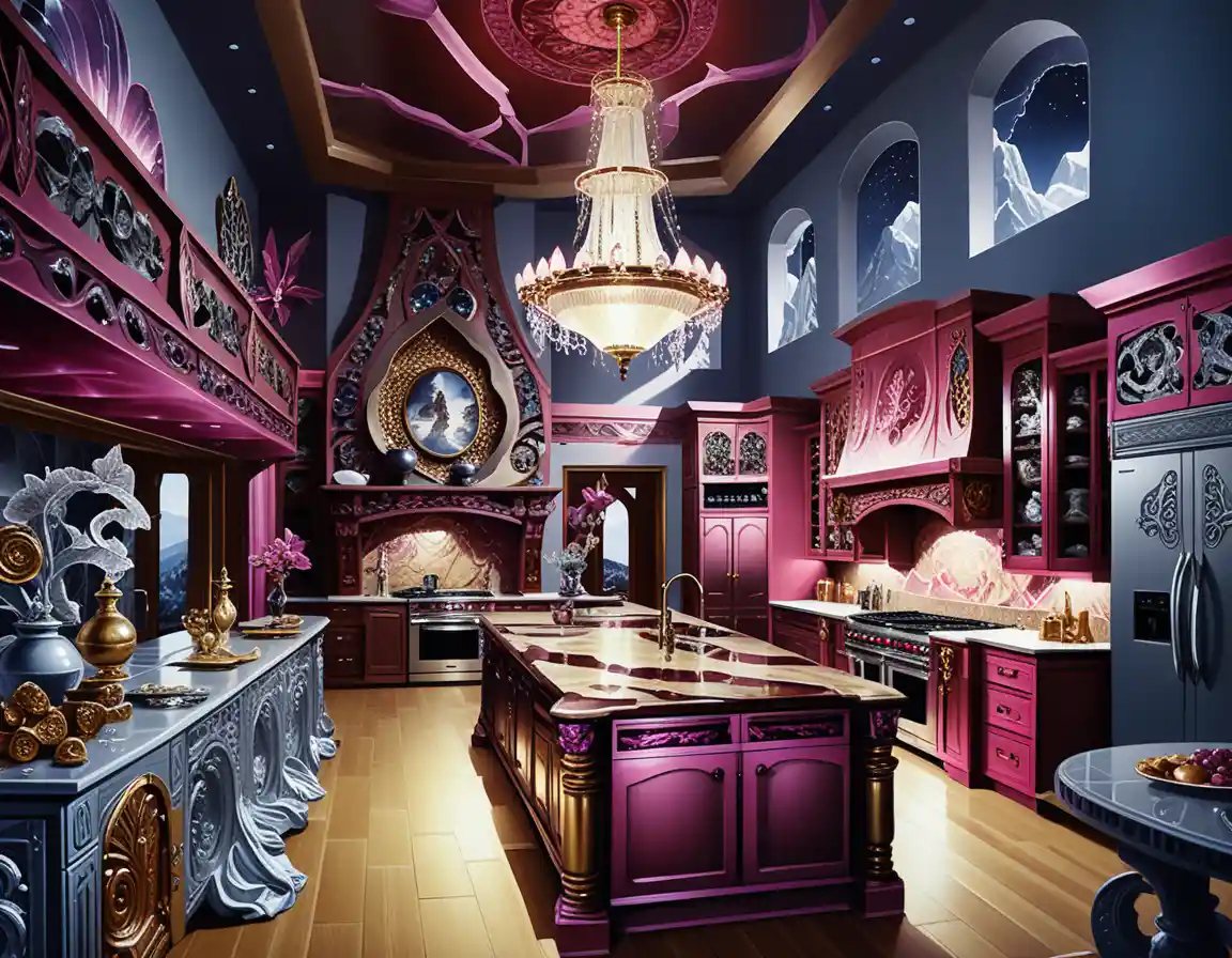 Mystical mountain kitchen with crystals and carved dark wood