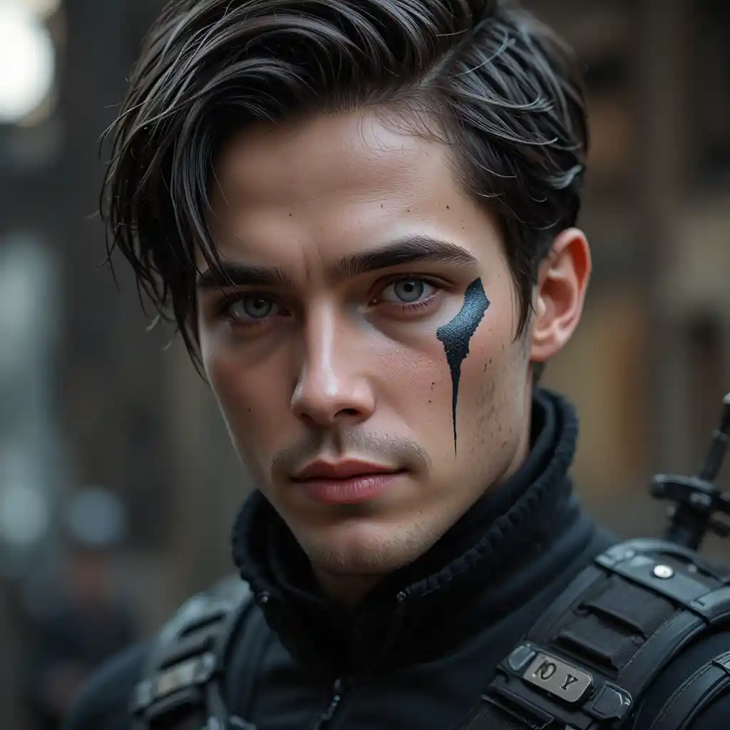 Tall spear wielding tribute with sharp jawline and scar
