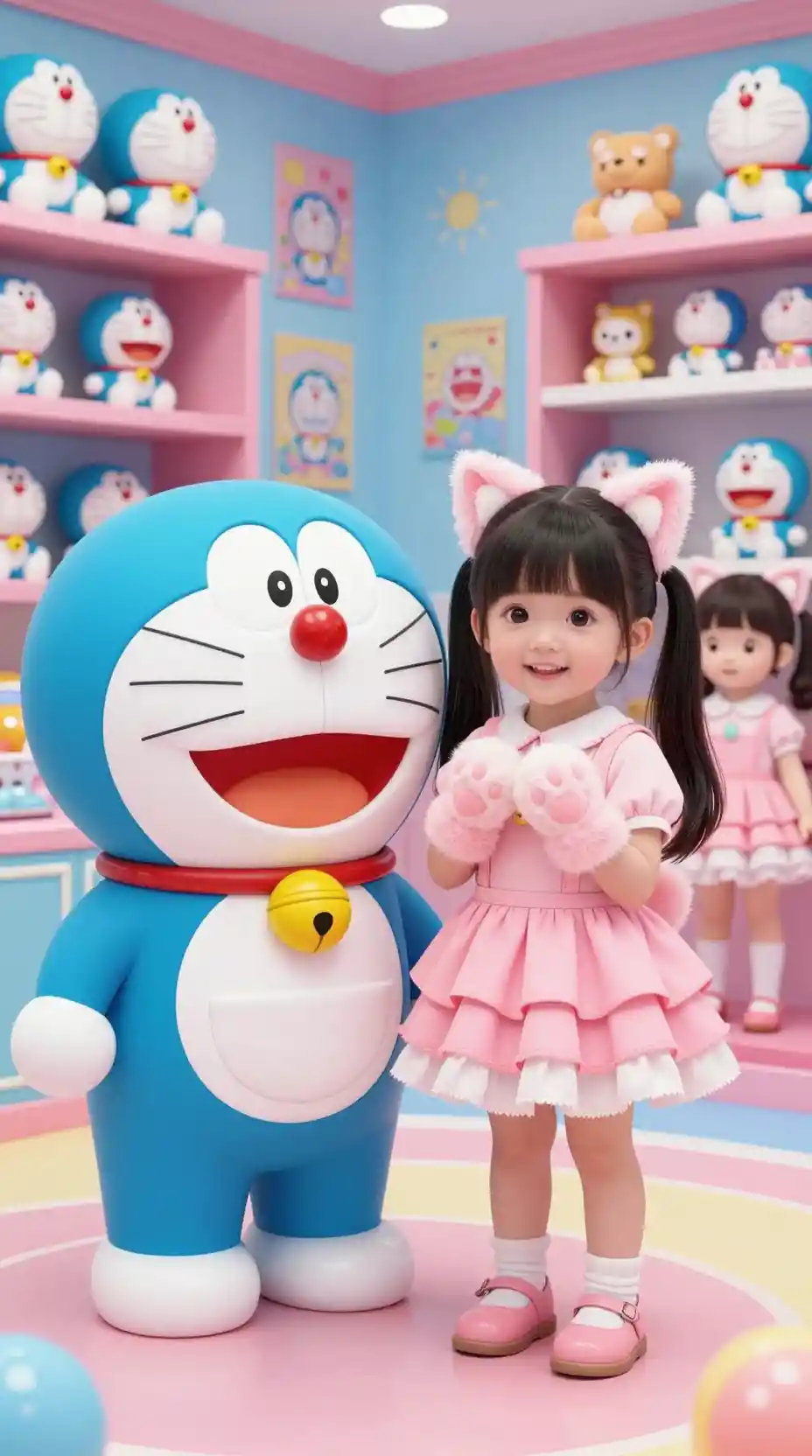 Cute kids in blue and pink cosplay in toy filled room