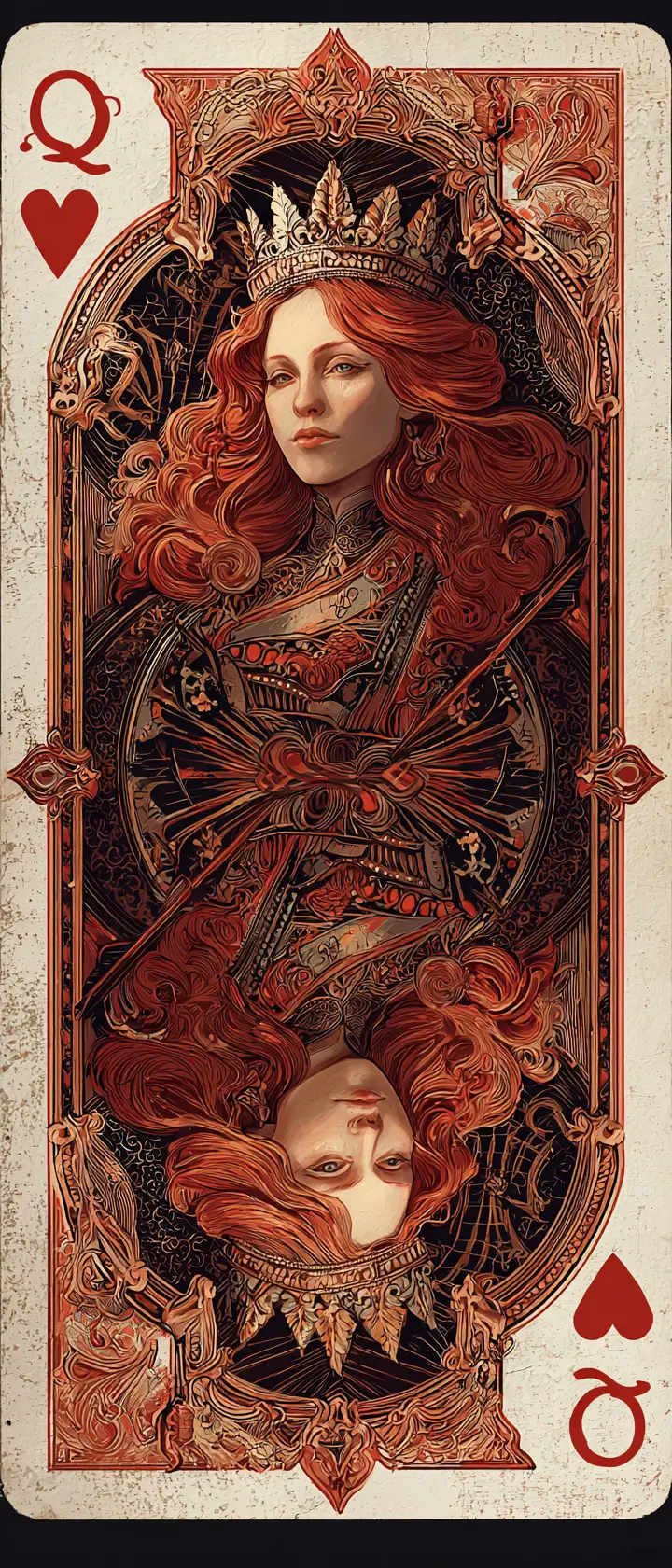 Anime queen of hearts playing card in candlelit parlor