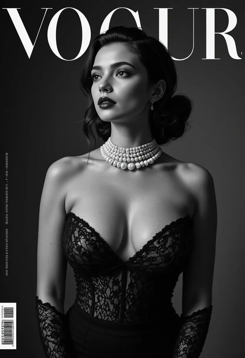 Femme élégante en perles et gants en dentelle sous une lumière dramatique