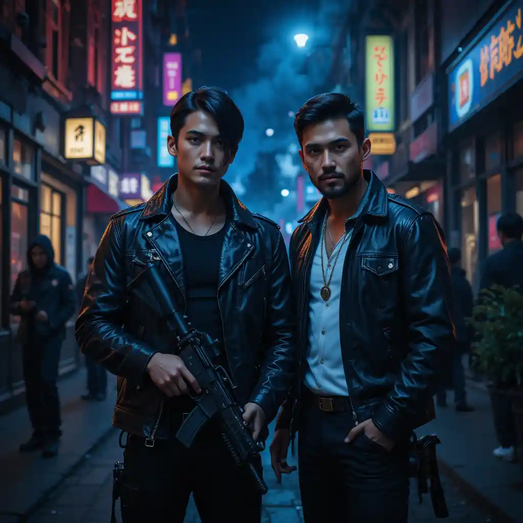 Urban vigilante and ally on neon lit night street