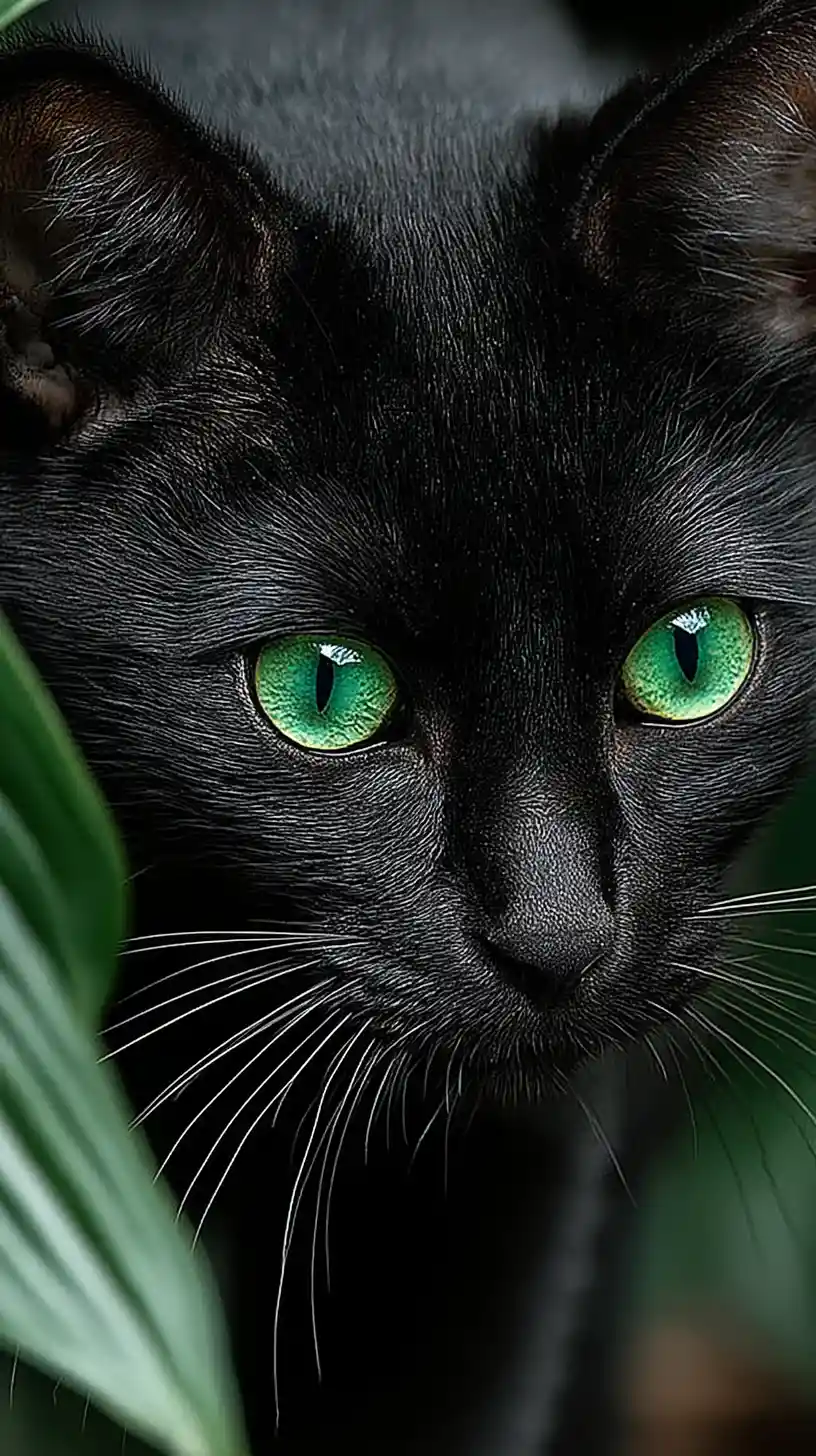 Black cat staring from deep green forest undergrowth