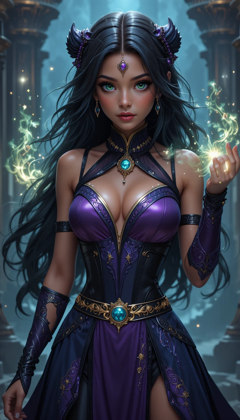 Young emerald eyed witch with glowing magical aura