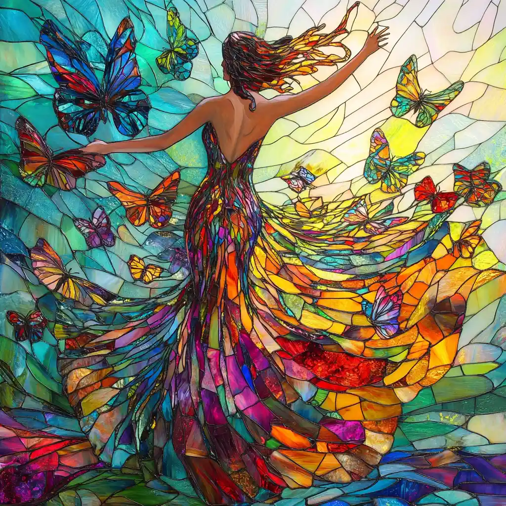 Mystical woman in flowing stained glass dress with insects