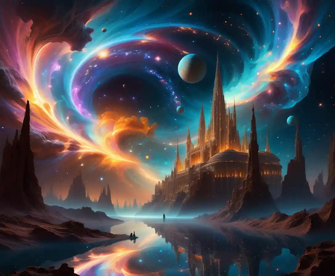 Spaceship crew drifting through glowing nebula in deep space