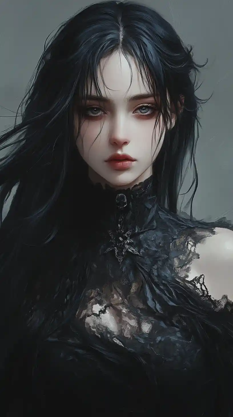 Dark sorceress with ashen skin and shadow magic aura