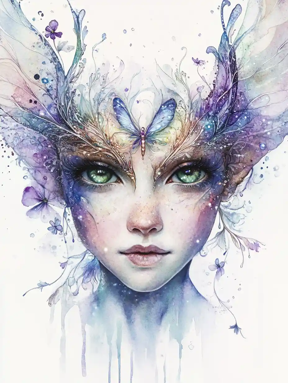 Watercolor fairy girl close up with shimmering floral crown