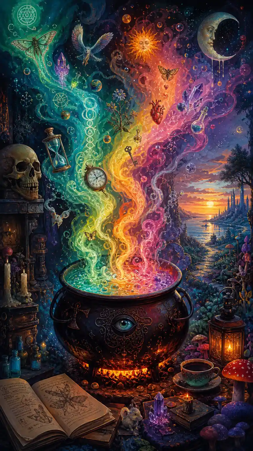 Glowing witches cauldron spilling magical energy into the sky