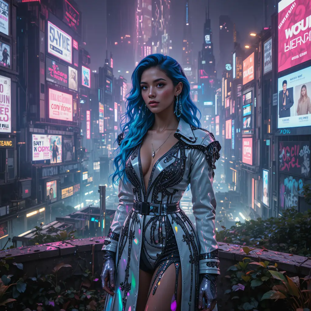 Donna fashion cyberpunk in giardino sul tetto sotto la pioggia