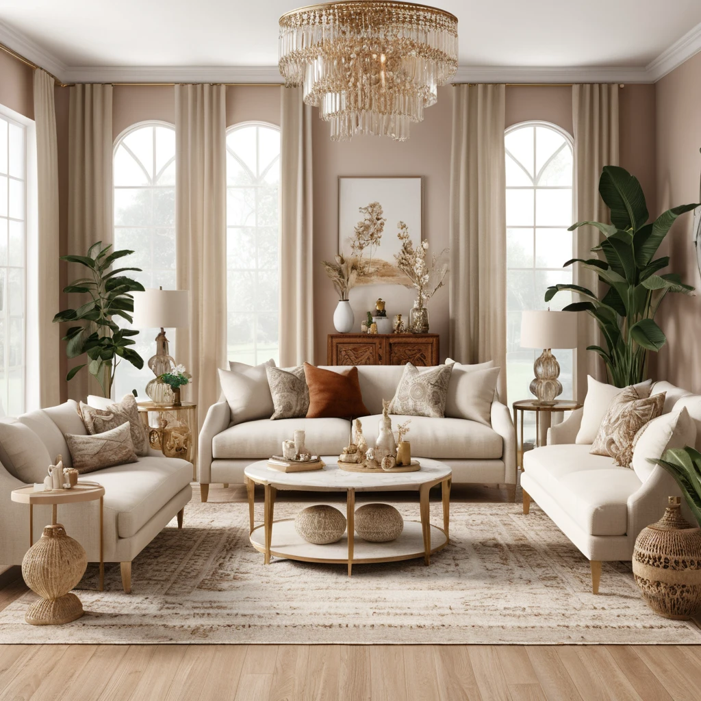 Bohemian living room with beige accents in 3D rendering